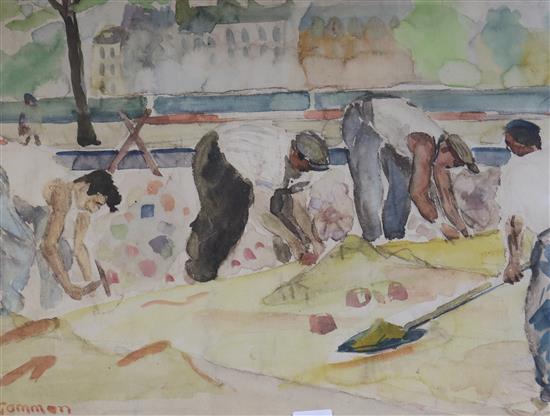 Reginald Gammon (1894-1997) Workman laying paving slabs 39.5 x 52.5cm